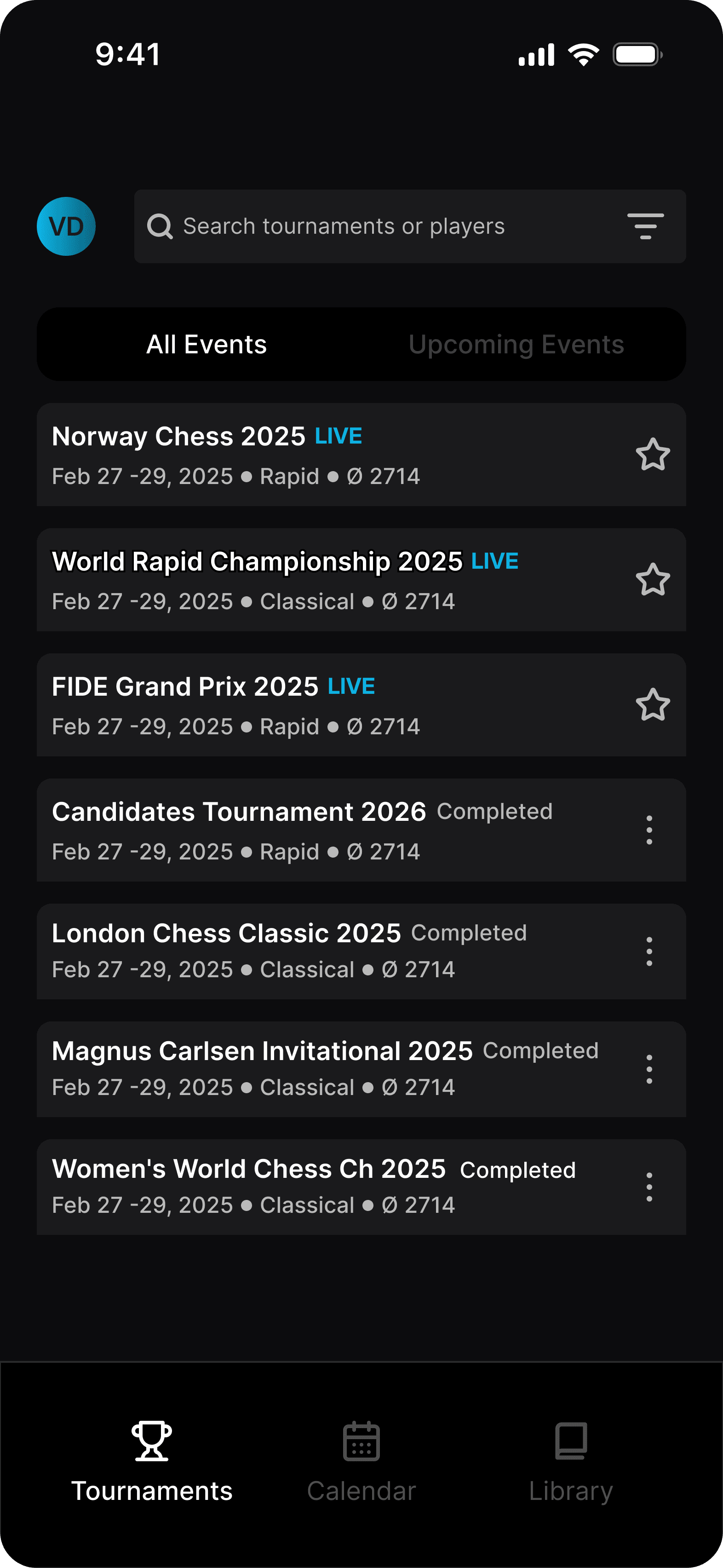 ChessEver App - Tournaments View