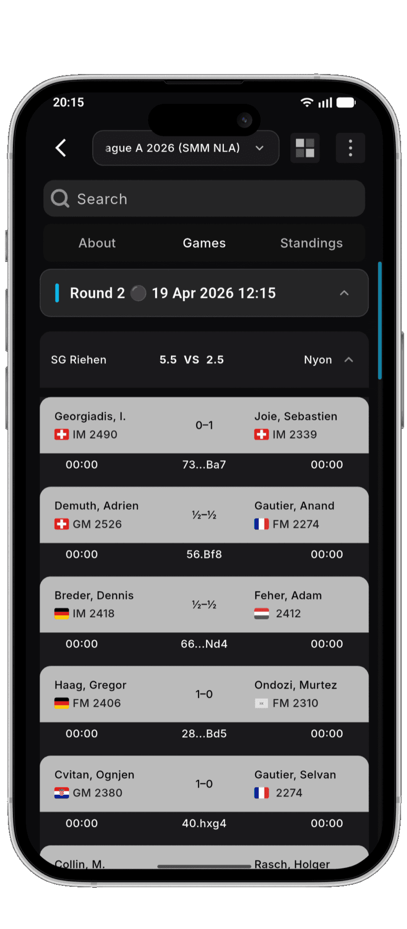 ChessEver live games view showing tournament boards